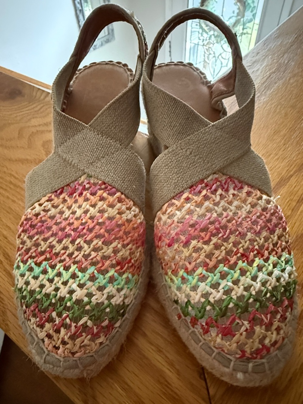 Neutral Tan Slingback Espadrilles with Multicolor Woven Toe